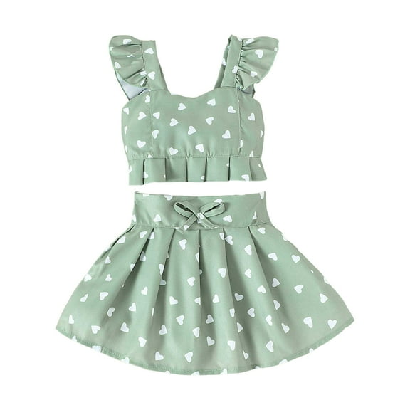 Junlike Little Girls Outfits Girls Flying Sleeve Love Cherry Printed Sling Bow Pleated Skirt Two-Piece Suit Clothes