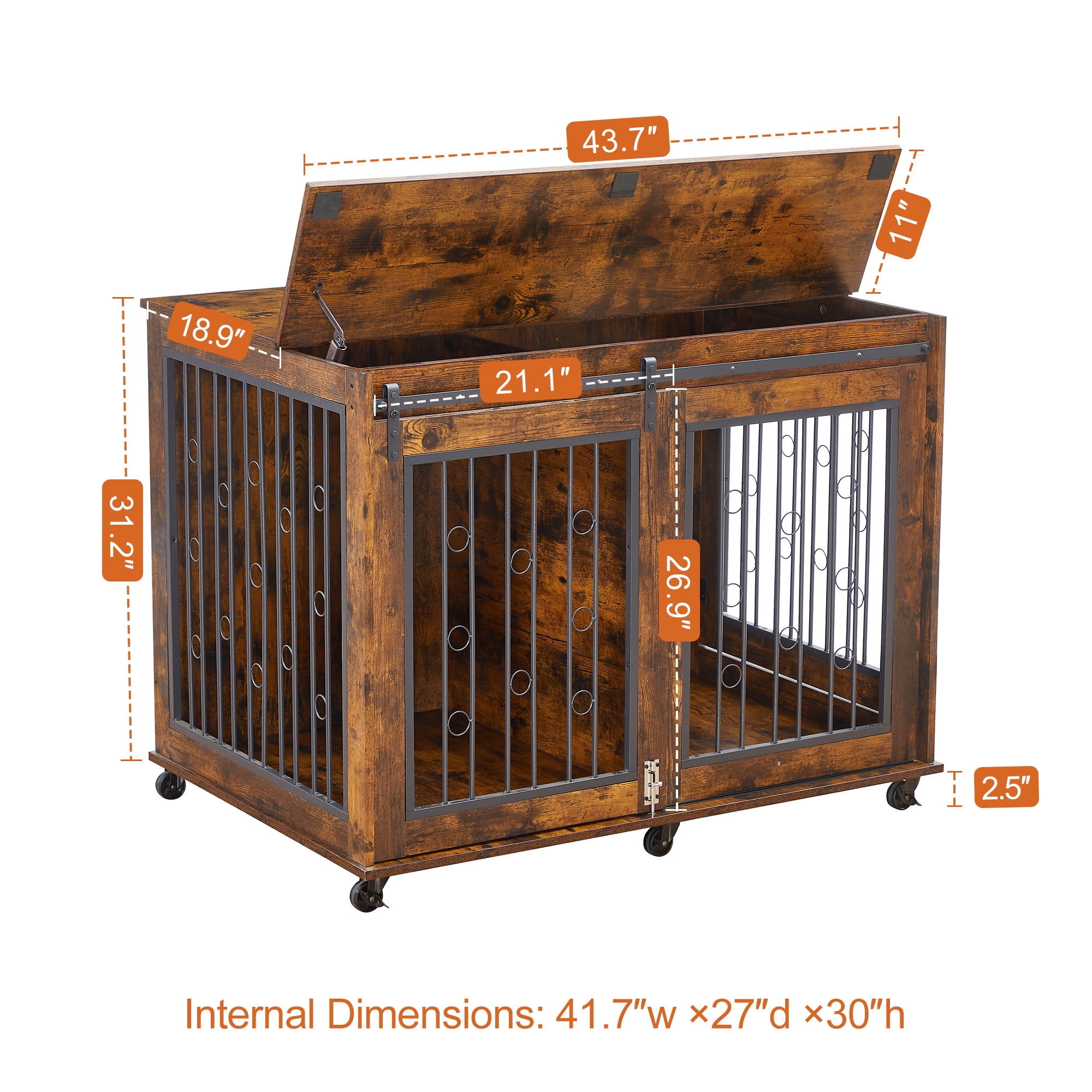 Pefilos 43" Sliding Door Dog Crate with Partition for Two Puppies, Furniture Style Dog Cage with Wheels, Dog House Kennel for Indoor Dogs, Brown Pefilos 43" Sliding Door Dog Crate with Partition for Two Puppies, Furniture Style Dog Cage with Wheels, Dog House Kennel for Indoor Dogs, Brown
