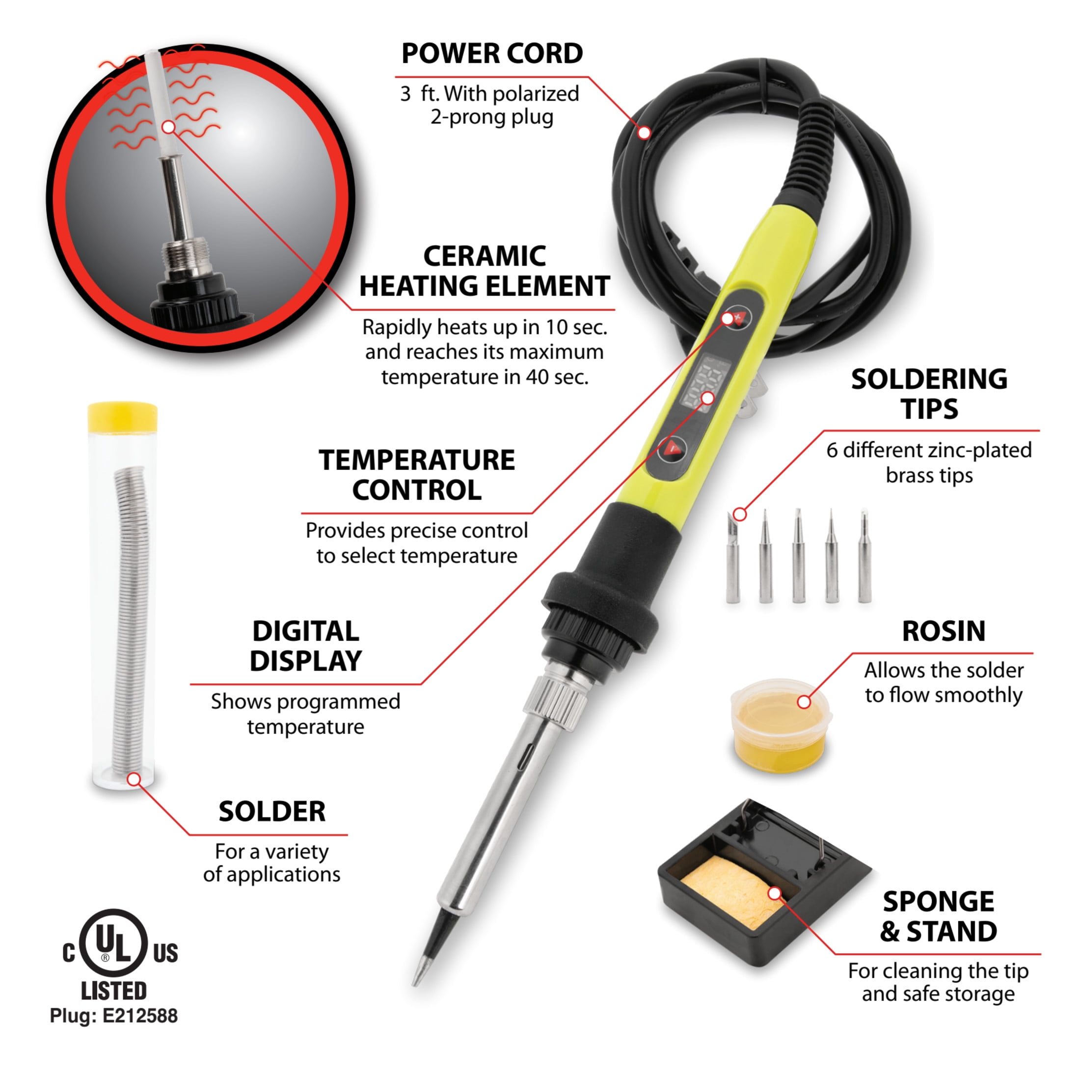 Performance Tool W2084 80W Digital Soldering Iron Kit - Electronics Repair, Precision Temperature Control Soldering Iron, Computer, Automotive Wiring, Stand Included, Green/Black