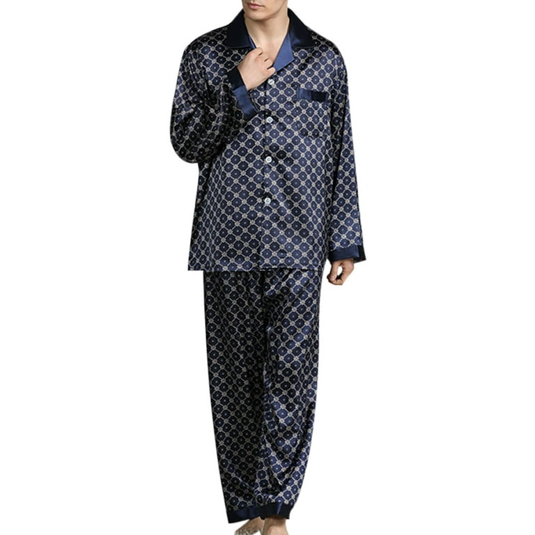 Avamo Mens Fashion Floral Print Stain Silk Pajamas Set Long Sleeve