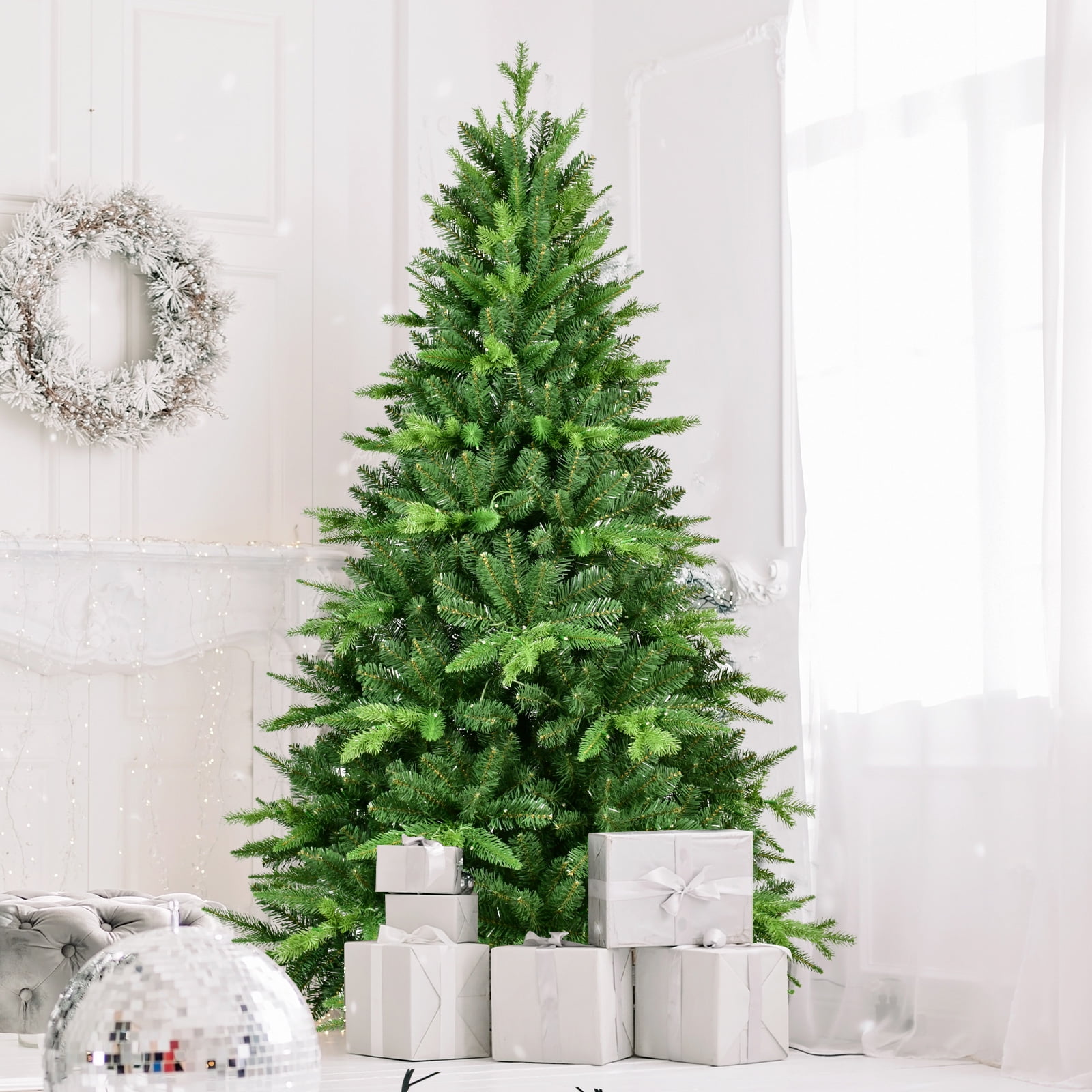 5 Ft Pre-Lit Christmas Tree with 250 Warm White LED Lights, 850 Tips Realistic PE+PVC Hinged Tree with Metal Stand, Full Artificial Xmas Tree for Holiday Decoration