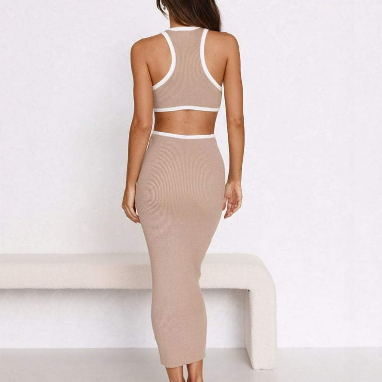 Cut Out Dress for Women Long Ribbed Sleeveless Crewneck Black and White  Bodycon Maxi Dresses Summer Tank Dress (2XL, Khaki) - Walmart.com