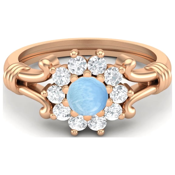 4.5MM Round Larimar 925 Silver Rose Plated Cluster Women Valentines Day Gifts Ring