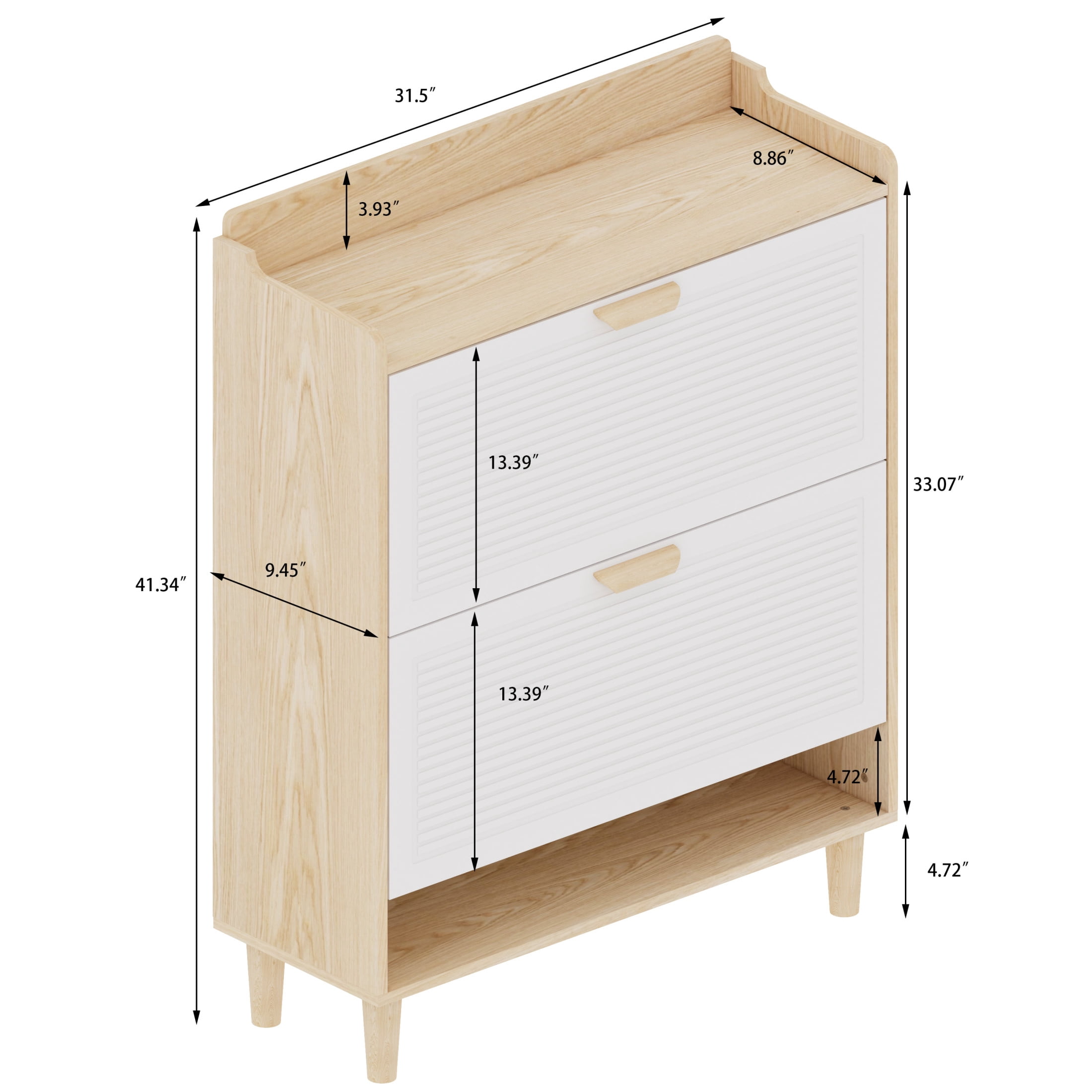 Noble House 31" Nordic Shoe Storage Cabinet, Flip Drawer Narrow Entryway Organizer, Solid Wood Legs, White & Natural