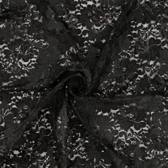 Zelouf Saoirse Sequin Corded Embroidery On Lace , Sewing, DIY, Crafts Fabric by the Yard, Black, 3 Yard