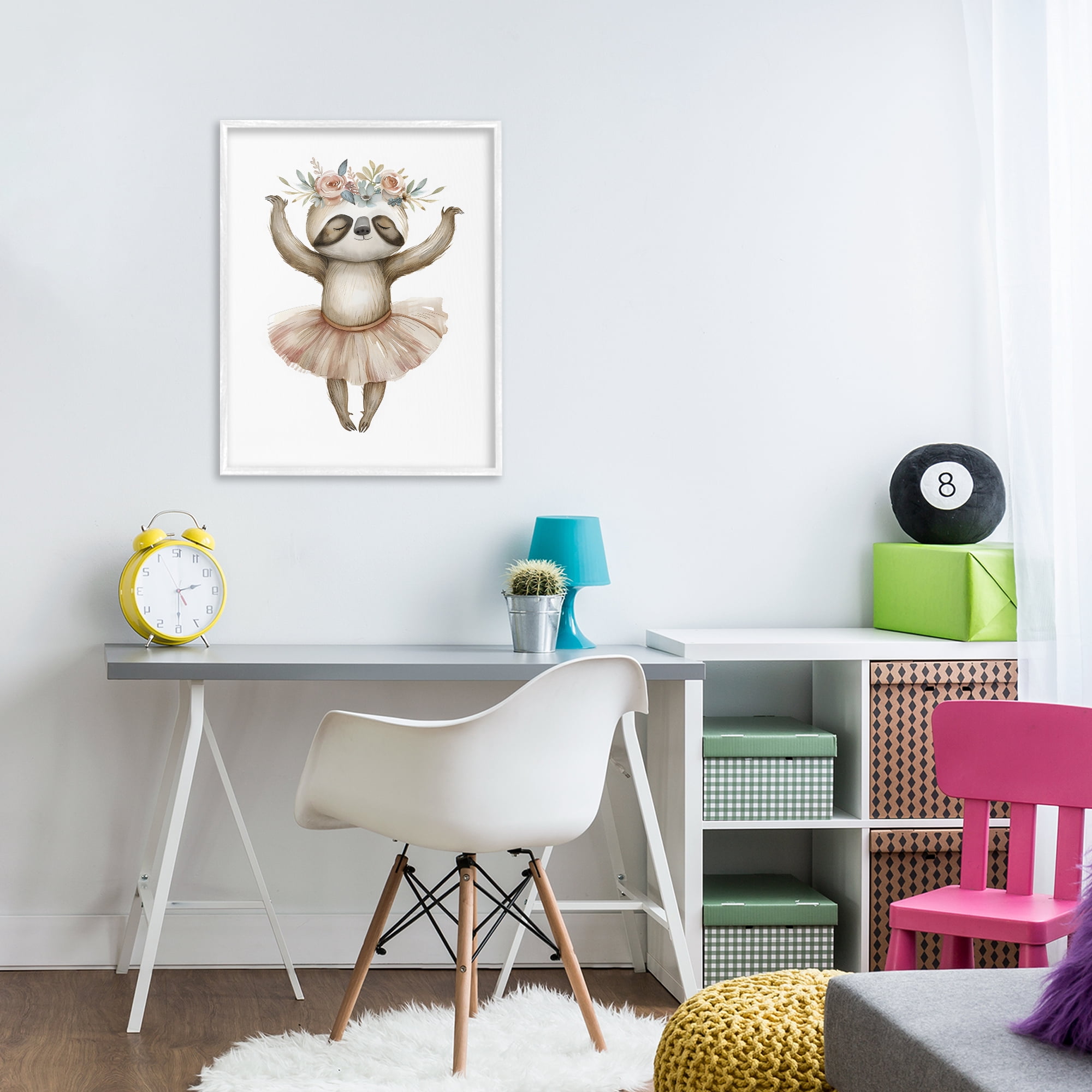 Stupell Industries Dreamy Sloth Ballet with Flowers White Framed Giclee Art, design by LSR Design Studio