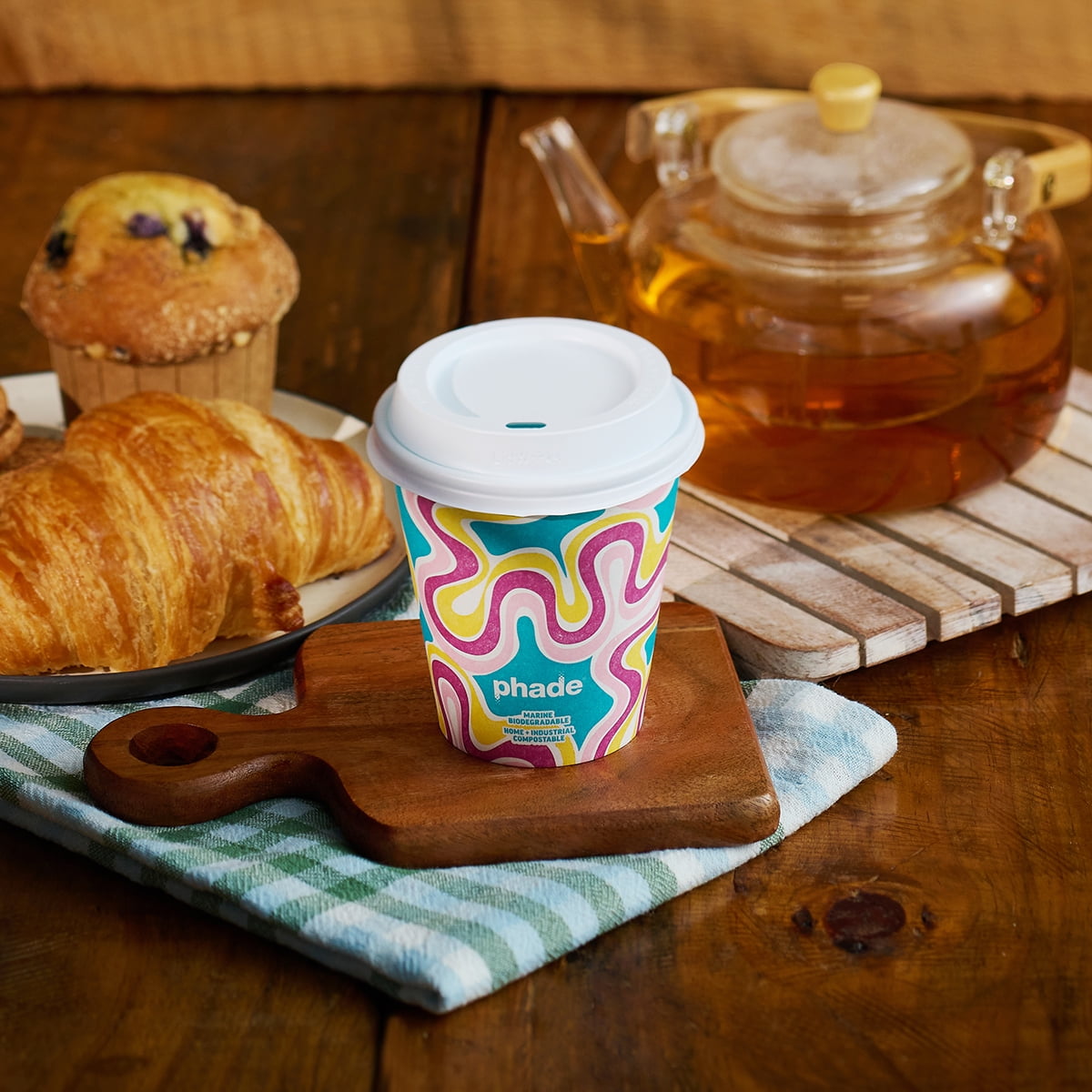 Phade Marine Biodegradable and Compostable Paper Hot Cups with Lids, 12 oz, Squiggle Multi Color, 10 Count