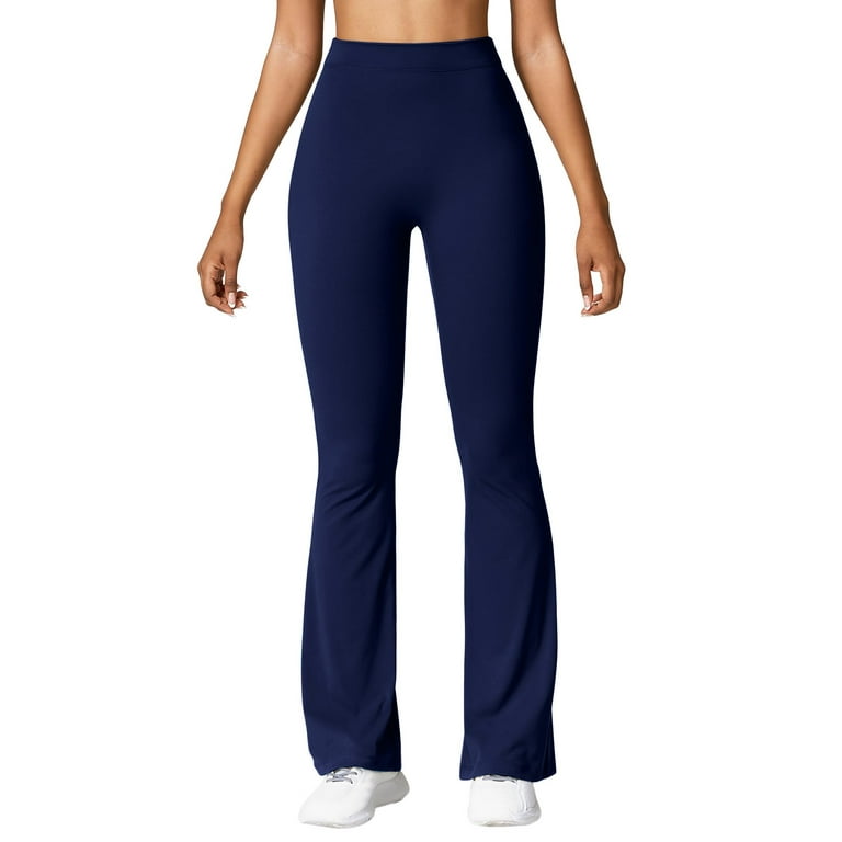 Navy gym flare pants for women, ankle length sports pants.