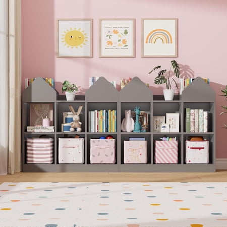 2 Pack Kids Bookshelf and Toy Storage Organizer Castle Design Bookcase with Cubes for Playroom Grey