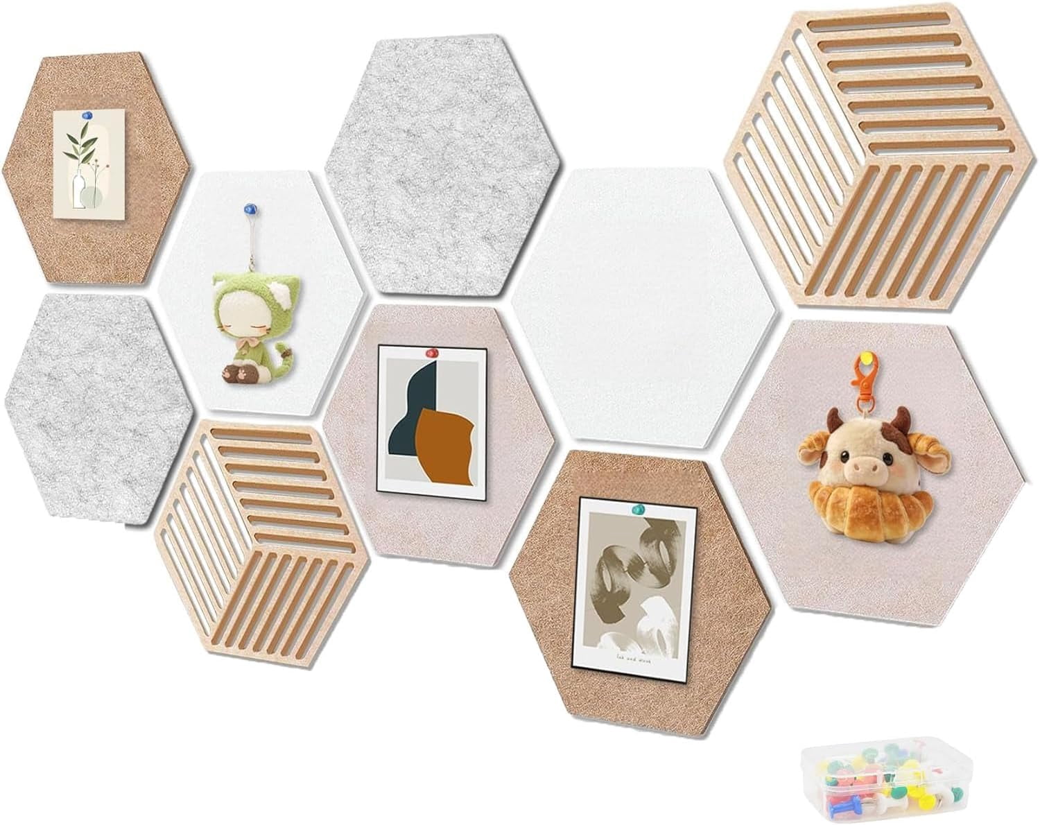 12'' Large Hexagon Cork Board Tiles – 10 Pack Adhesive Frameless Bulletin Board for Office & Home Wall Decor, Vision Board with 35 Push Pins, Decorative Pin Board for Photos & DIY$$Office