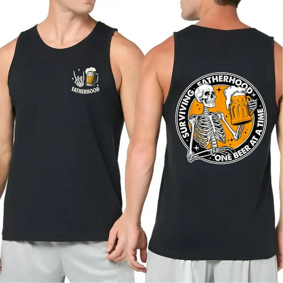 Funny Skeleton Dad Tank Top – Surviving Fatherhood One Beer at a Time, Cool Summer Graphic Shirt for Men, Father’s Day Gift, Humorous Sleeveless Tee for Dads