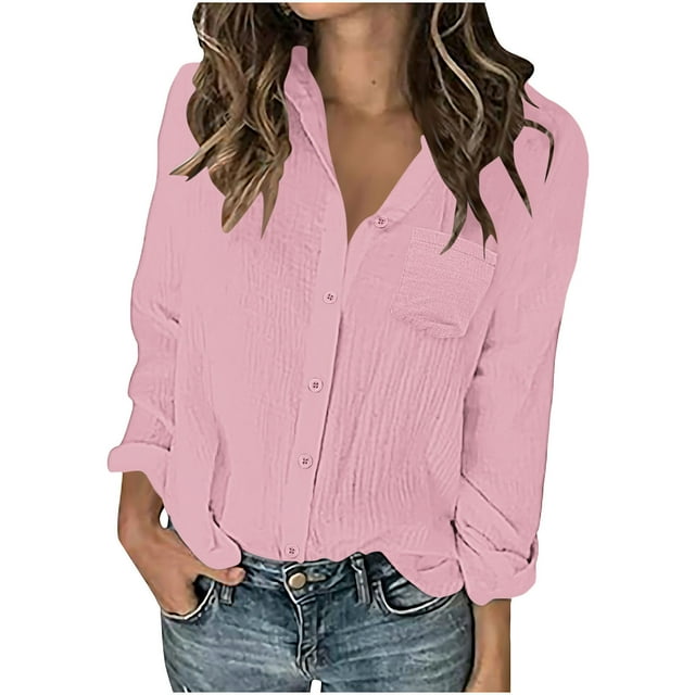 Timegard Shirts for Women Drop Shoulder Lapel V Neck Button up Blouse Comfy Casual Solid Color Tee Tops