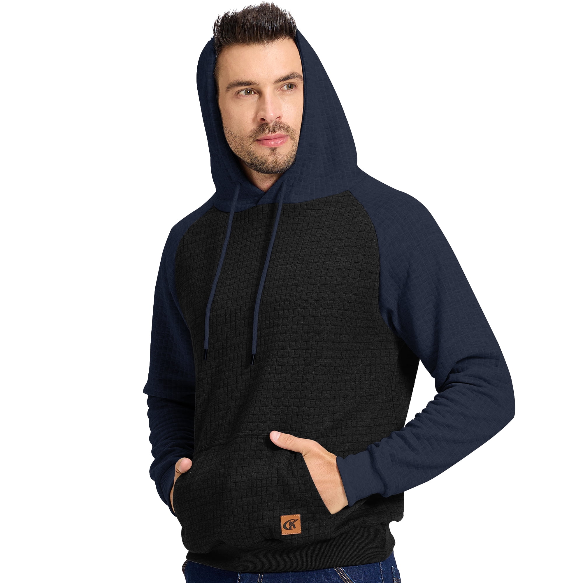 Satankud Men's Pullover Hoodies Plaid Jacquard Color Block Long Sleeve Casual Hooded Sweatshirts with Kanga Pockets Black/Indigo 2XL
