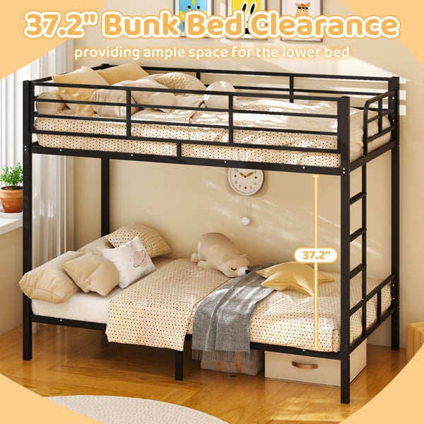 Alvantor Twin over Twin Metal Bunk Bed with 400 lb Capacity, High Guardrails and Side Ladder, Black