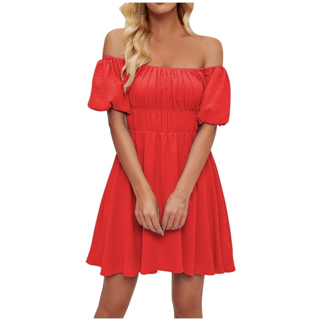 QIPOPIQ Womens Summer Puffy Short Sleeve Square Neck Smocked Tiered Ruffle Mini Dress Clearance
