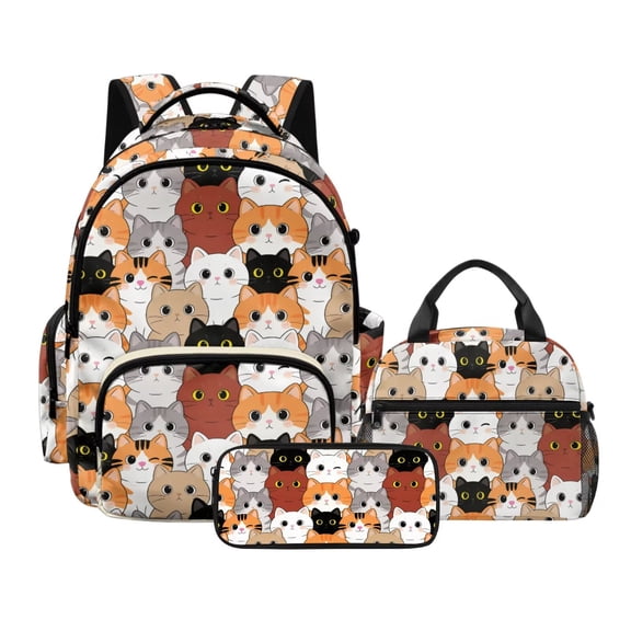 DISNIMO 3 Piece School Backpack Set for Kids Girls, Cartoon Cat Print School Bag Set with Lunch Box and Pencil Case, 17 Inch Primary Middle Backpack Travel Daypack