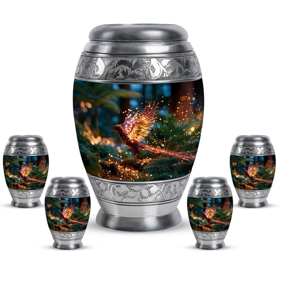 JAGASY Phoenix Memorial Combo Urn for Parents, Dark Teal Keepsake Small Urns for Human Ashes, Sparking Lights Large Decorative Urns for Father, Cremation Urn for Mother, (1 Large, 10" & 4 Small, 3")