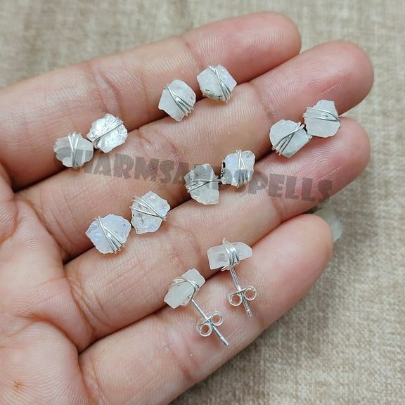 Raw Moonstone Stud Earrings, Rainbow Moonstone Studs, Silver Moonstone Stud Earrings, Sterling Silver Moonstone Earrings, June Birthstone (Sold By Piese)