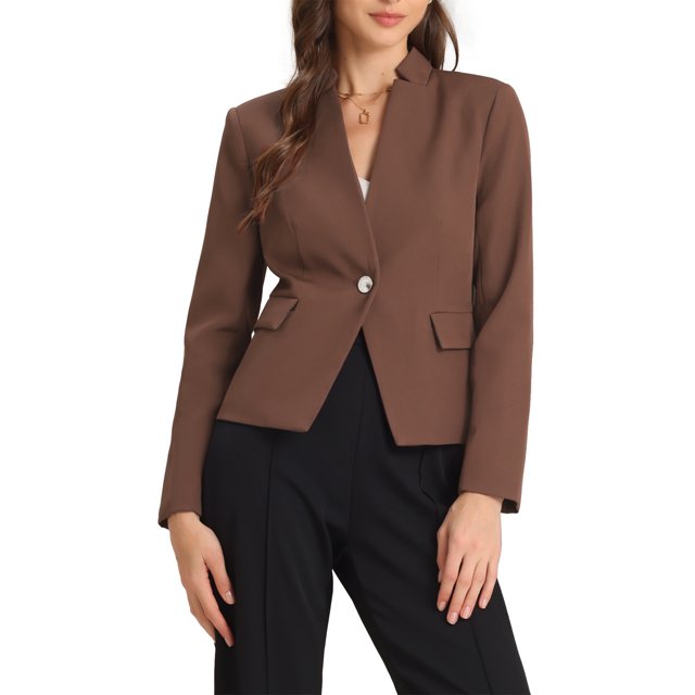 BLAZERS DE MUJER INSPIRE CHIC Cuello Alto Chaqueta de Traje de Un Solo Botón XS Marrón