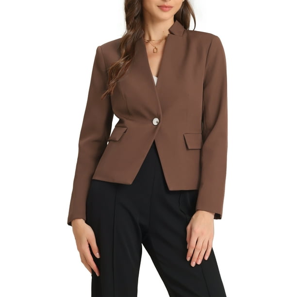 BLAZERS DE MUJER INSPIRE CHIC Cuello Alto Chaqueta de Traje de Un Solo Botón XS Marrón