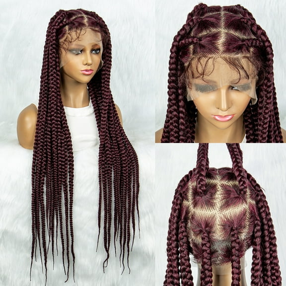 Full Lace Cornrow Braids Synthetic HD Lace Front Wig 36 Inches Big Square Knotless Box Braids Wig with Baby Hair Braided Wigs for Black Women (1B/BUG Color)