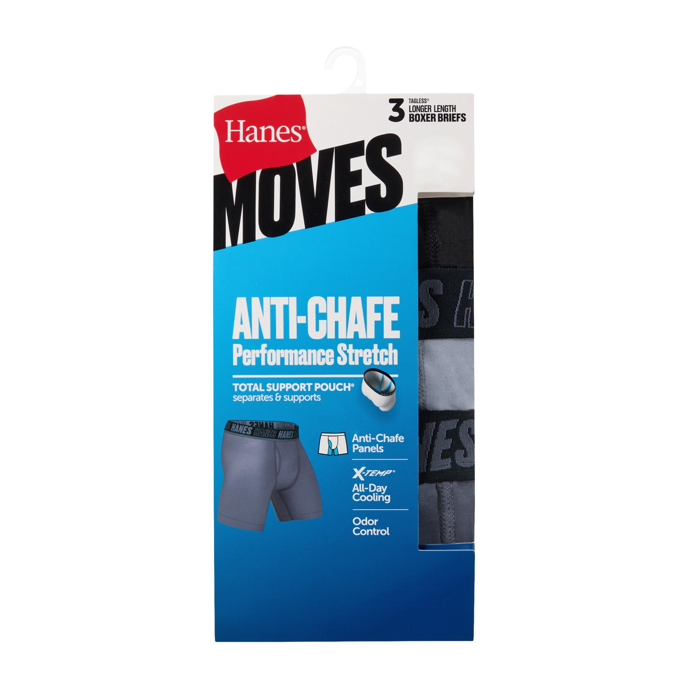 Hanes Mens Underwear Boxer Briefs, 3-Pack, Moves Anti Chafe Boxer Briefs with Total Support Pouch