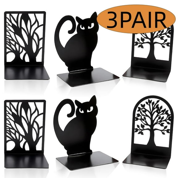 Metal Bookends Tree of Life Book Ends for Shelves, Home Decorative Metal Cat Book Stoppers for Heavy Books, Non-Skid, Black 3Pairs