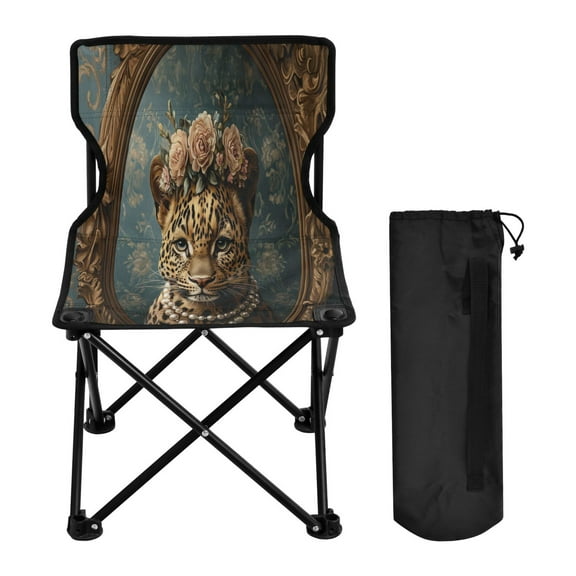 YAZAOO Camping Chairs Modern Leopard with Floral Crown Pearls Pattern Folding chair