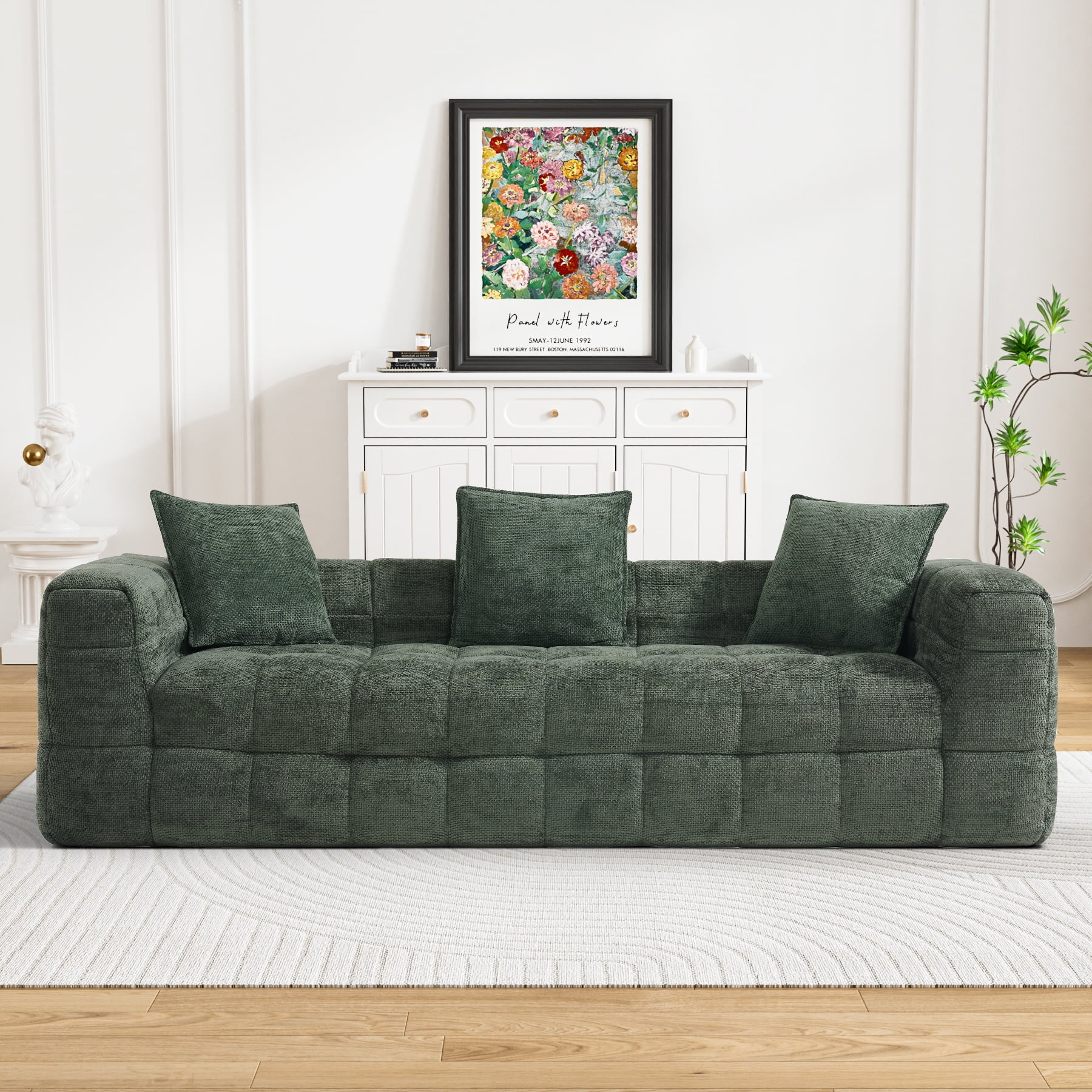 Wiilayok 89.8" Cloud Sofa Couch,Chenille 3 Seater Deep Seat Couch, No Assembly Required,Olive Green