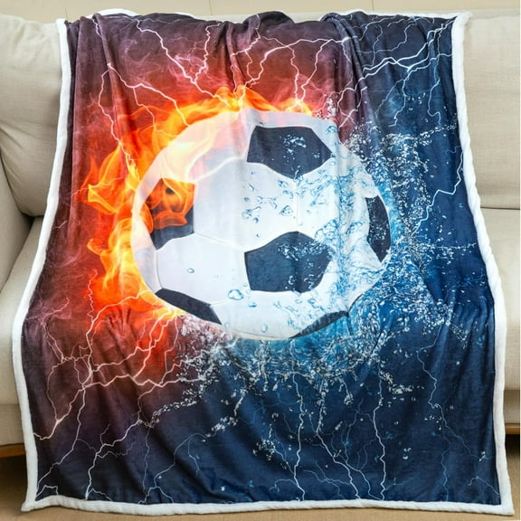 Soccer Blanket Sports Ball Throw Blanket Blue Flame Teens'' Soccer Fans Soft Cozy Football Blanket for Boys Men Sofa Travel Living Room Bedroom (50"X60", Soccer)