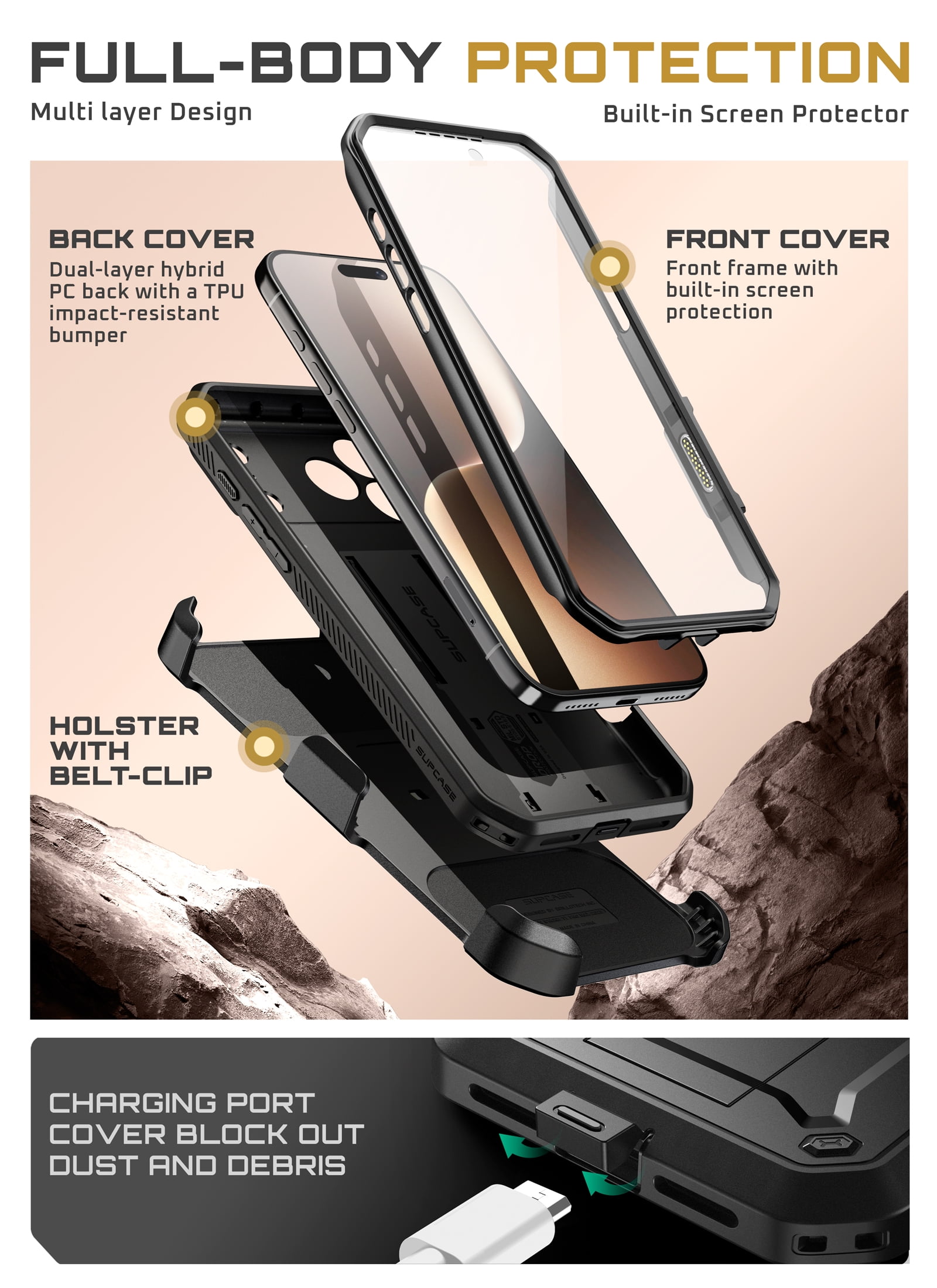 SUPCASE Unicorn Beetle Pro for iPhone 17 Pro Max 6.9" 2025 Case with Screen Protector, [Built-in Stand & Camera Control Button & Belt-Clip] [Military-Grade Protection] Full Body Phone Cover, Black