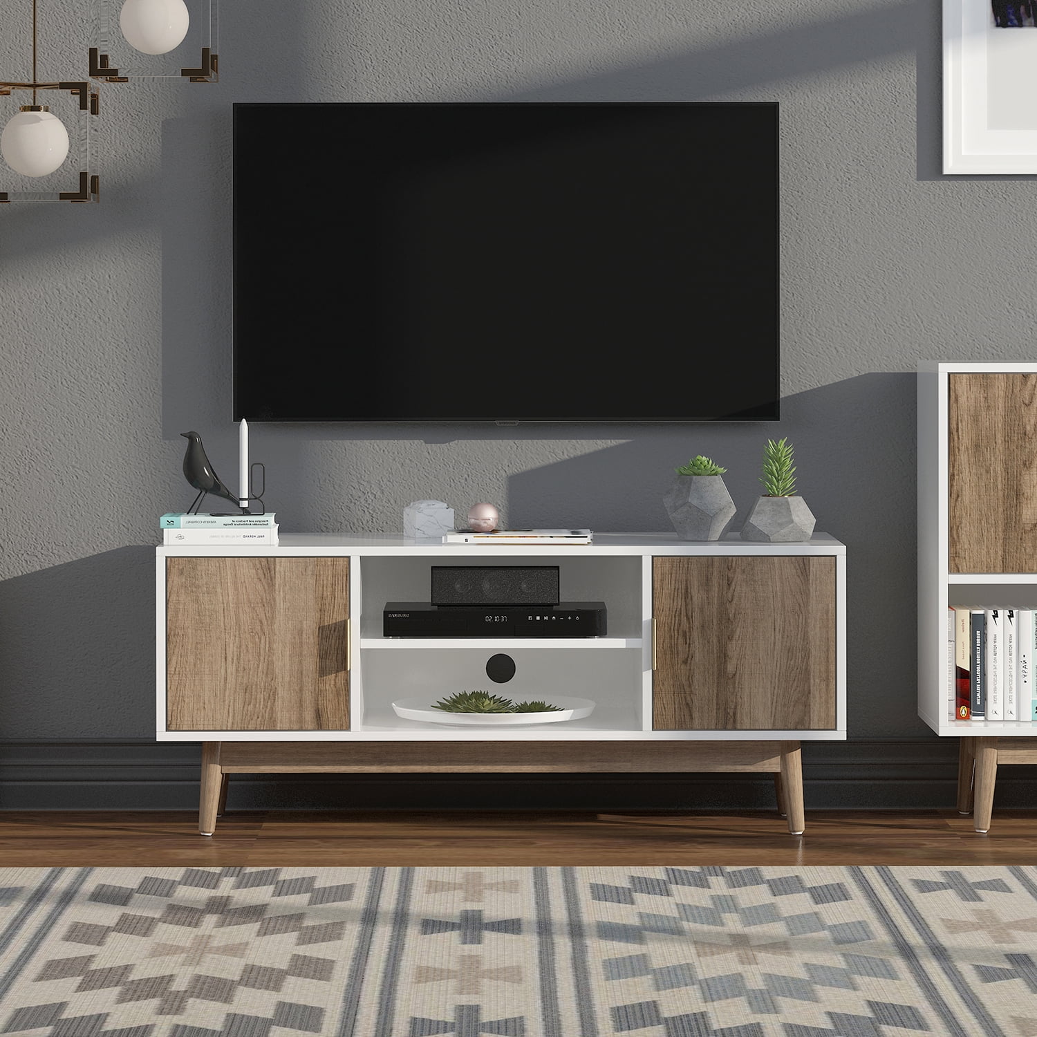Private Jungle TV Console Table with Storage Cabinet Shelves with 2 Doors 43 Inch Entertainment Center for Living Room Bedroom,Natural Color&white
