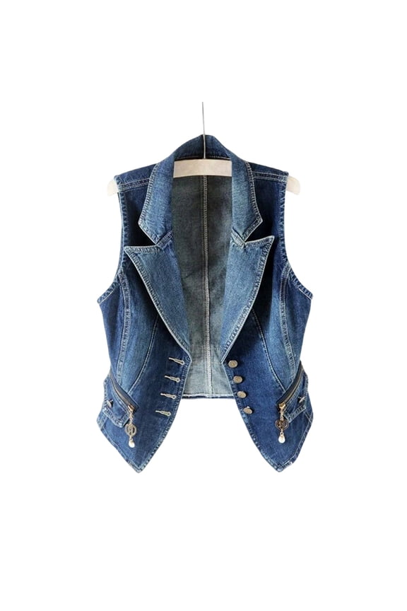 Women's Lapel Denim Vest Button Jacket Sleeveless Jean Waistcoat Dark Blue Plus XL