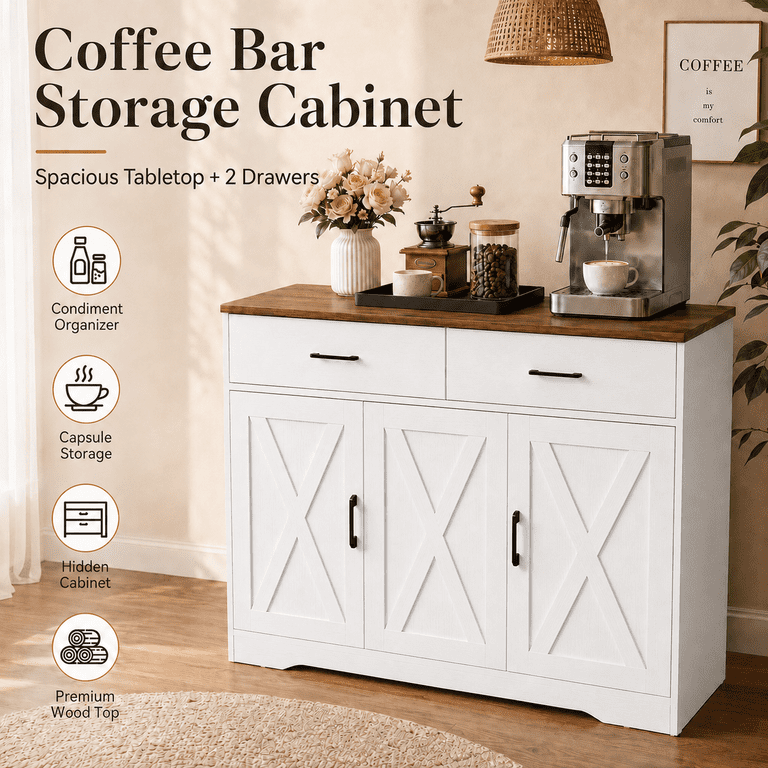 Lacoo Farmhouse Sideboard Buffet Cabinet with 2 Drawers and 3 Doors, Kitchen Storage Cabinet with Adjustable Shelf, Coffee Bar Cabinet for Dining Room and Living Room, White