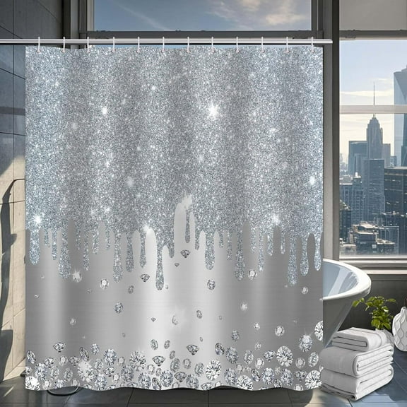 Silver Shower Curtain Sparkle Shimmer Sparkly Bling Bathroom Decor Shiny Bath Curtain, (No Glitter), Waterproof Cloth Fabric with Hooks-72"W x 72"L (Pack of 1)