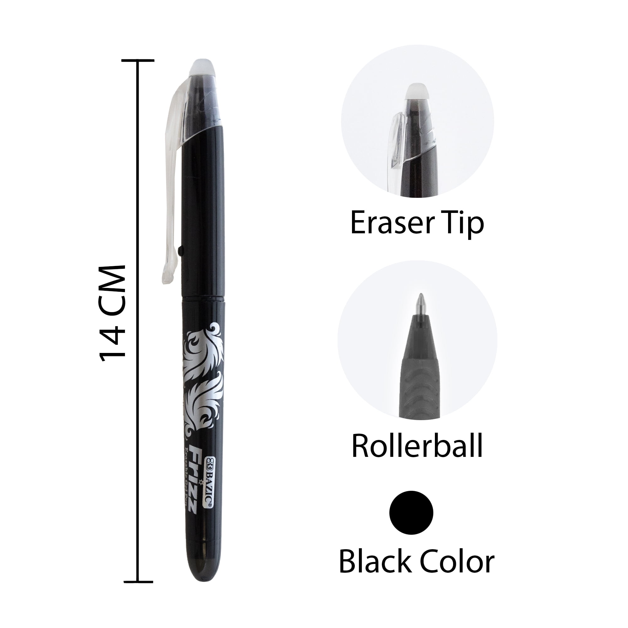 BAZIC Frizz Erasable Gel Pen 0.7mm Black Color, Pen Mistake Eraser, 24-Pack