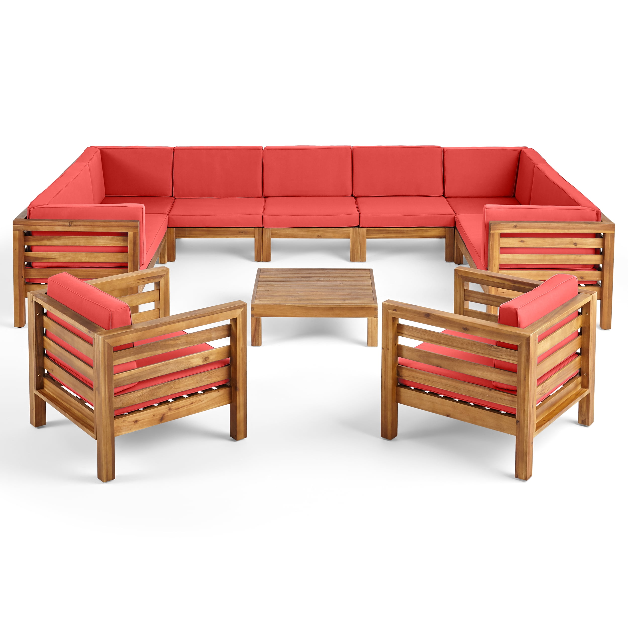 Graham Outdoor 11 Seater Acacia Wood Sectional Sofa and Club Chair Set, Teak Finish, Red
