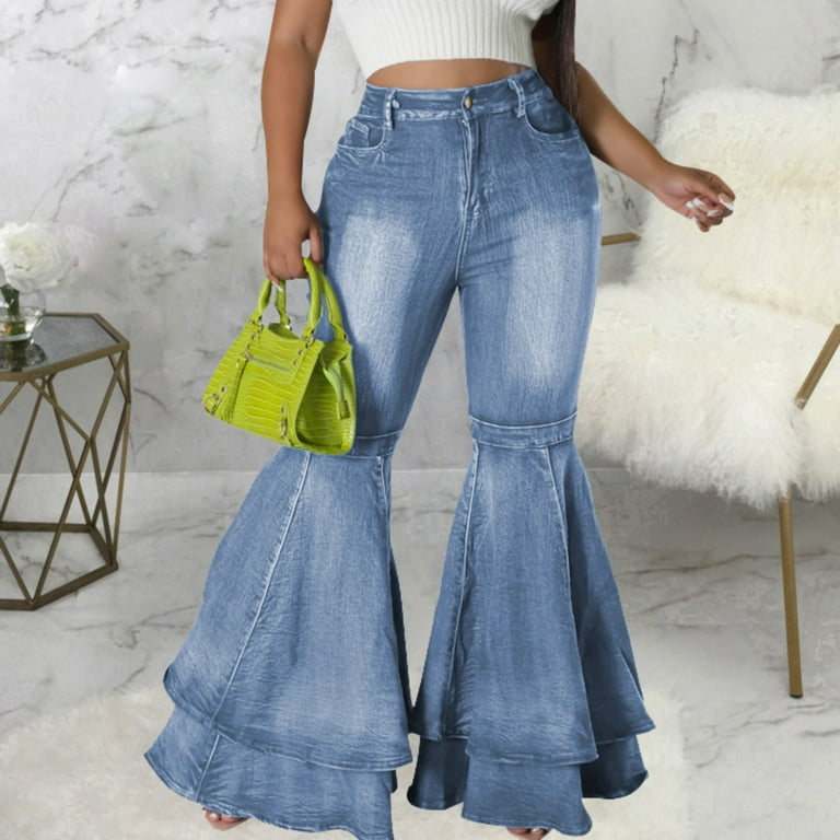 ZMHEGW Women's Fashion Classic Retro Bell Bottom Pants High Waist Stretch  Fit Long Denim Bell Bottom Jeans