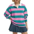 thumbnail image 2 of Eryao Womens Oversized Striped Sweatshirt Long Sleeve V Neck Lapel Collared Shirts 2024 Fall Winter Trendy Color Block Pullover Tops Vacation Sale,Pink,XL, 2 of 8