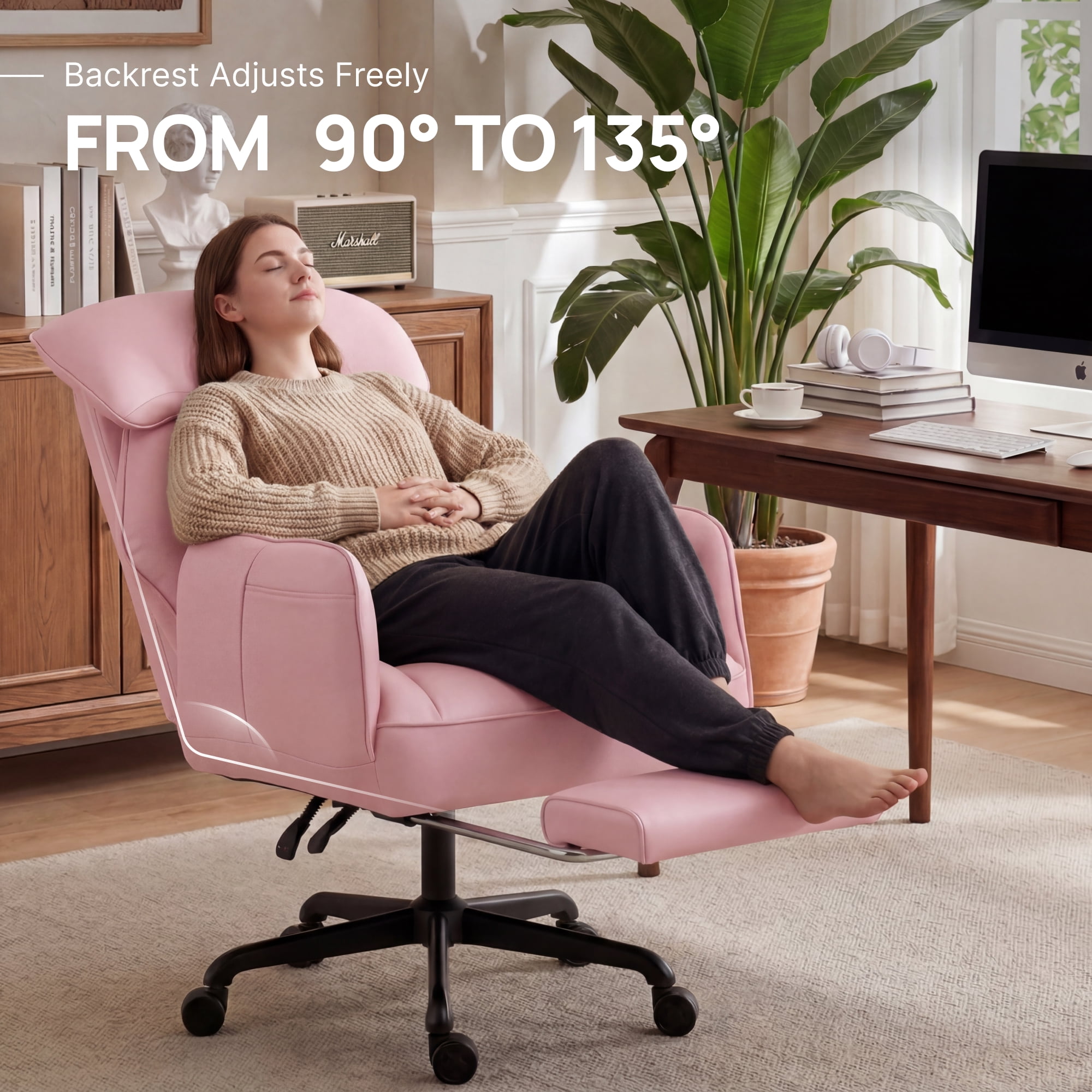 GOOSEA Office Chair with Swivel-Out Armrests, Criss Cross Chair with Pocket Spring Seat Cushion and Backrest, Executive Desk Chair with Ergonomic Headrest and Footrest, Pink