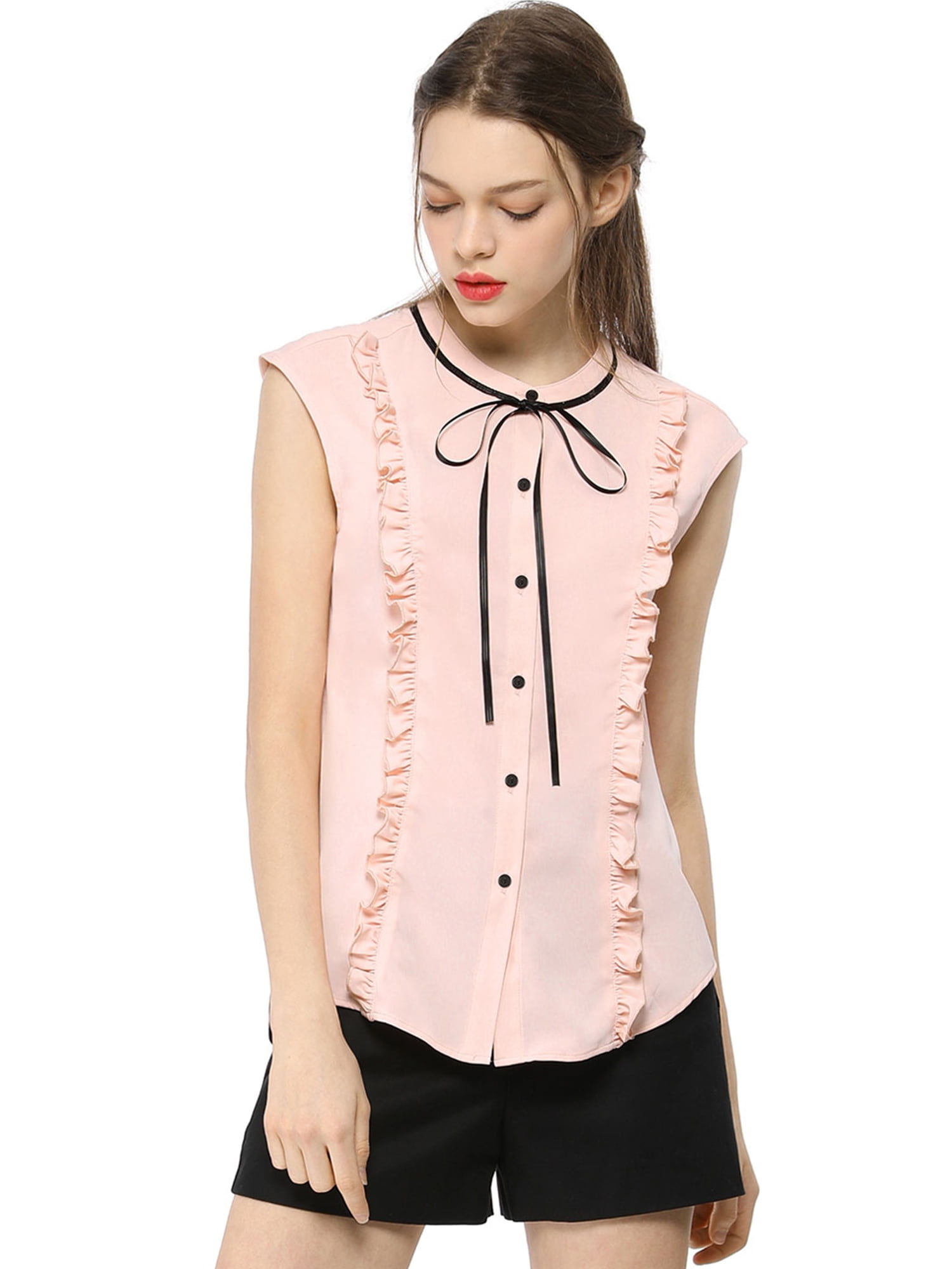 Unique Bargains Women's Summer Tie Neck Sleeveless Ruffle Chiffon Shirt M Pink