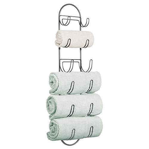 mDesign Metal Wall Mount Towel Rack Holder Organizer with Storage Shelf
