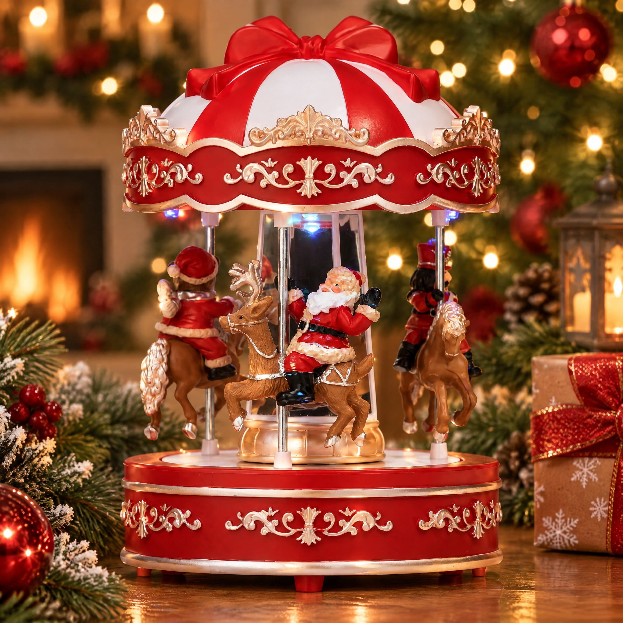 Light-Up and Musical Animated Carousel Christmas Village Decoration, Red and White, 7", by Holiday Time