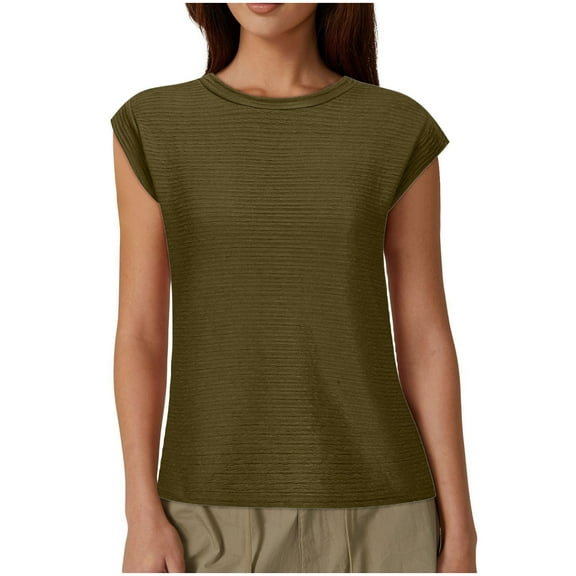 Lovskoo Summer Tops for Women 2024 Cap Short Sleeve Trendy Casual Solid Round-Neck Button T-Shrit Top Blouse Olive Green L