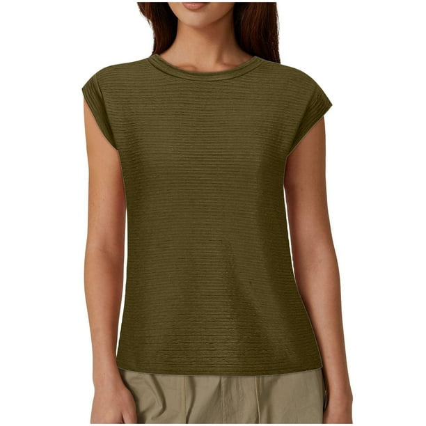 Blusas de Manga Corta para las Mujeres Camiseta de Cuello Redondo Sólido, Blusa de Verano Casual para las Mujeres
