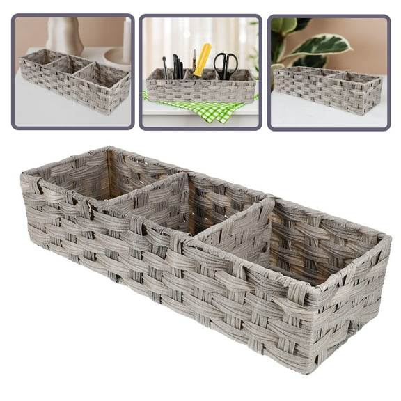OFFIGAM Grey Woven Storage Basket with 3 Compartments, Imitation Rattan Organizer for Home, Office, and Closet
