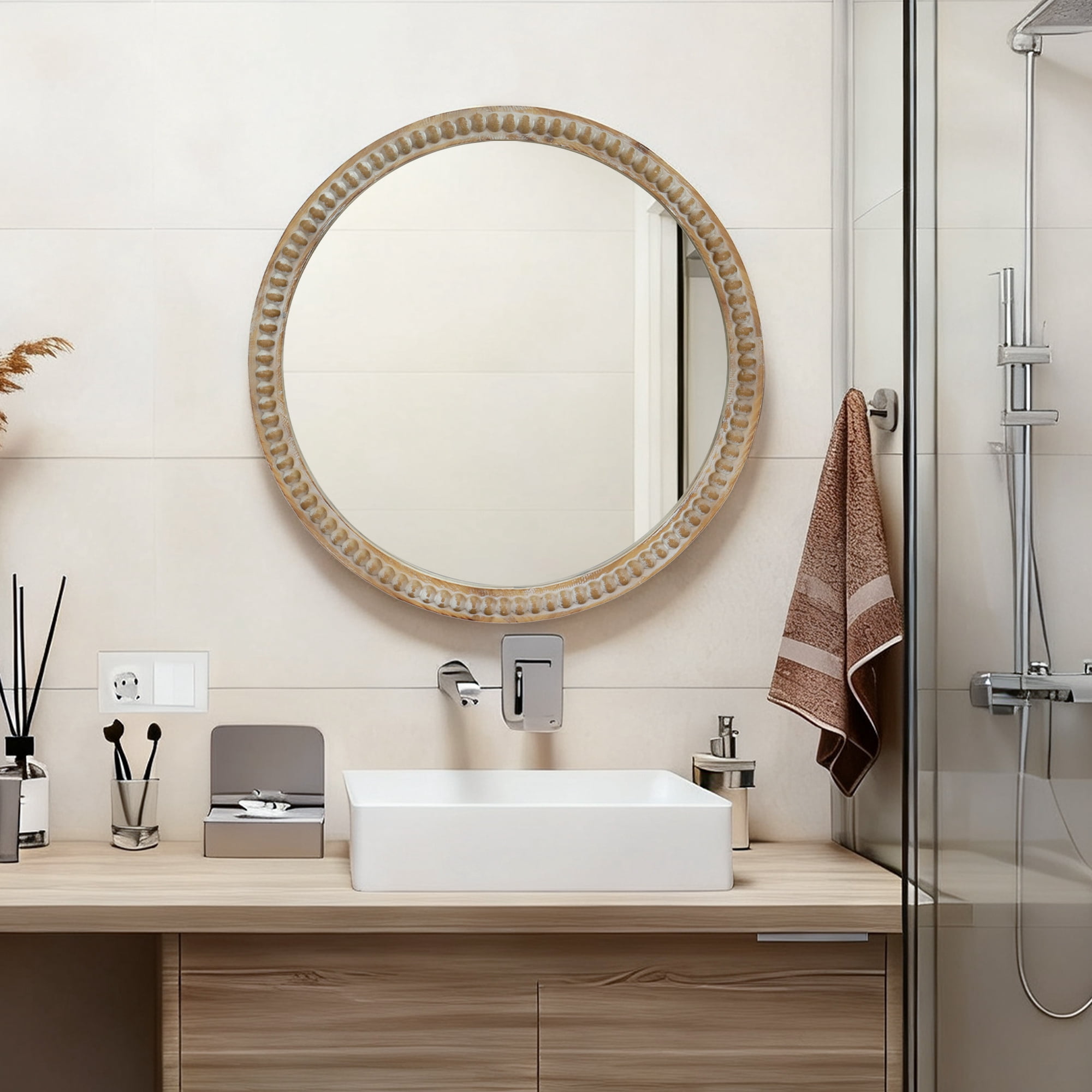 The Sanctuary Round Decorative Wall Mirror For Living Room Entryway Bathroom Natural Wood Farmhouse Style Everyday Style