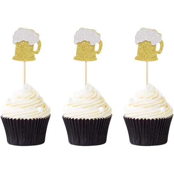 Gold Glitter Beer Mug Cupcake Toppers, Food Cake Picks for Party Decor, 10 Count
