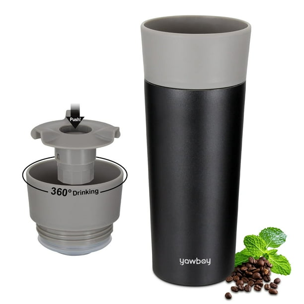 Yawbay Taza de café de viaje Taza de viaje con tapa para beber 360 All-Round Vaso aislado al vacío Vaso de acero inoxidable Taza de café con aislamiento de doble pared para bebidas de agua fría y cali