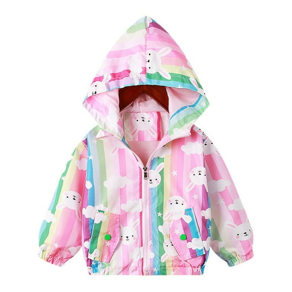 CYRBOKO Jackets for Girls, Long Sleeve Full Zip Printed Windbreaker Athletic Hooded Outerwear Pink Size 5 T